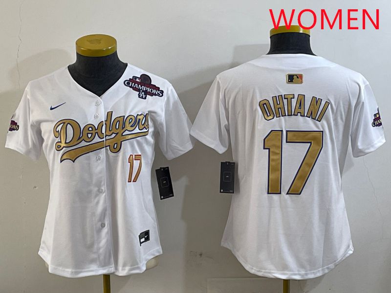 Women Los Angeles Dodgers 17 Ohtani White Champion gold character 2025 Nike MLB Jersey style 4